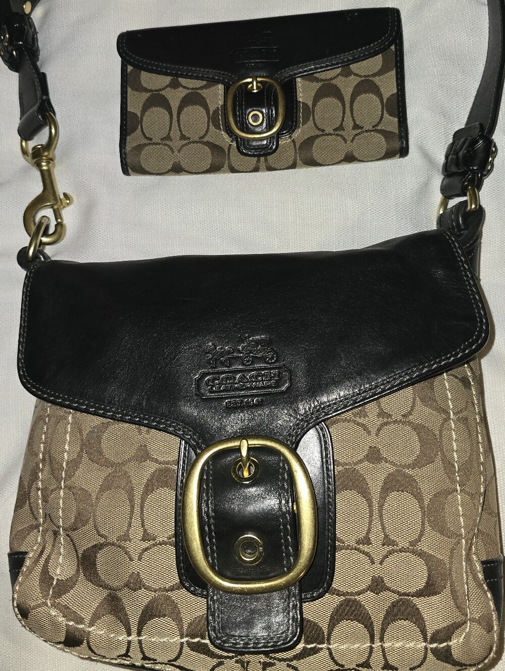 Coach Tan Signature Canvas Crossbody with Black Leather & Gold Hardware
